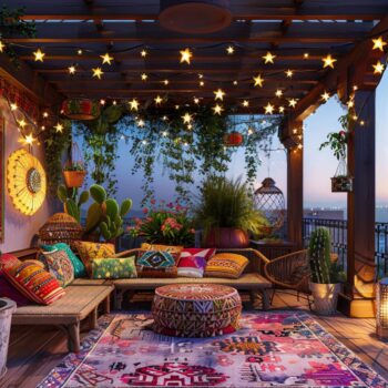 Jak urządzić balkon w stylu boho z lampami LED w kształcie gwiazd