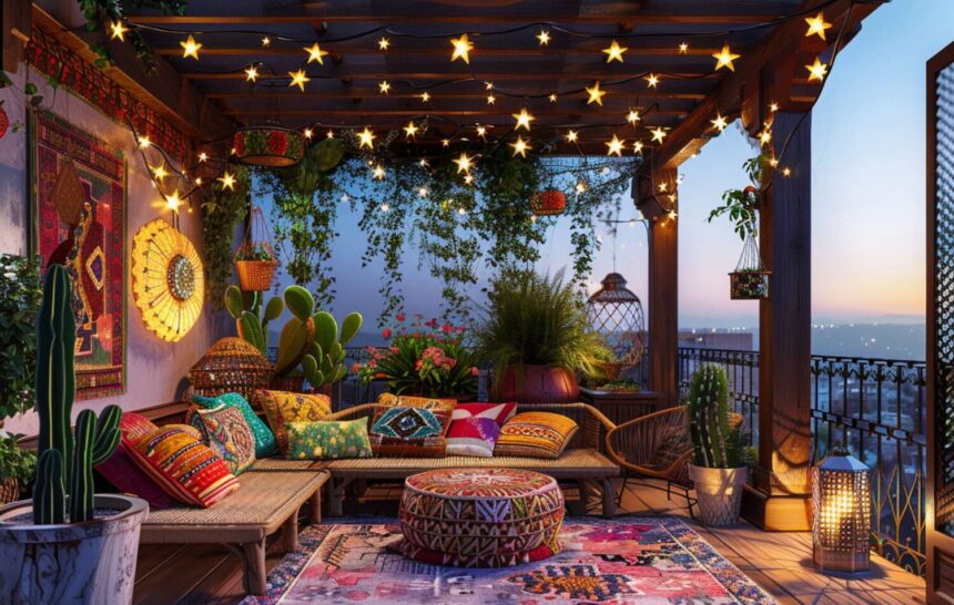 balkon w stylu boho z lampami LED w kształcie gwiazd Jak urządzić balkon w stylu boho z lampami LED w kształcie gwiazd