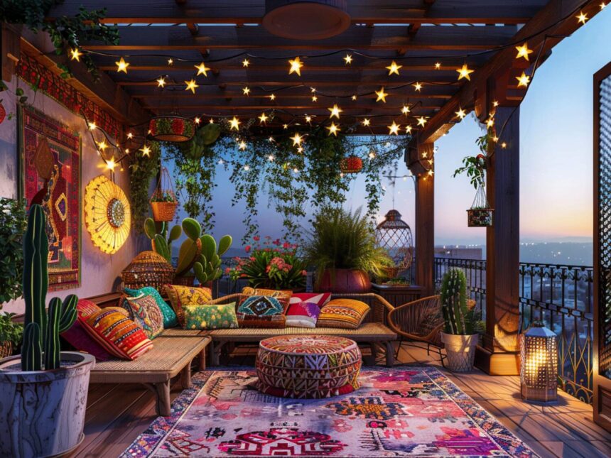 Jak urządzić balkon w stylu boho z lampami LED w kształcie gwiazd