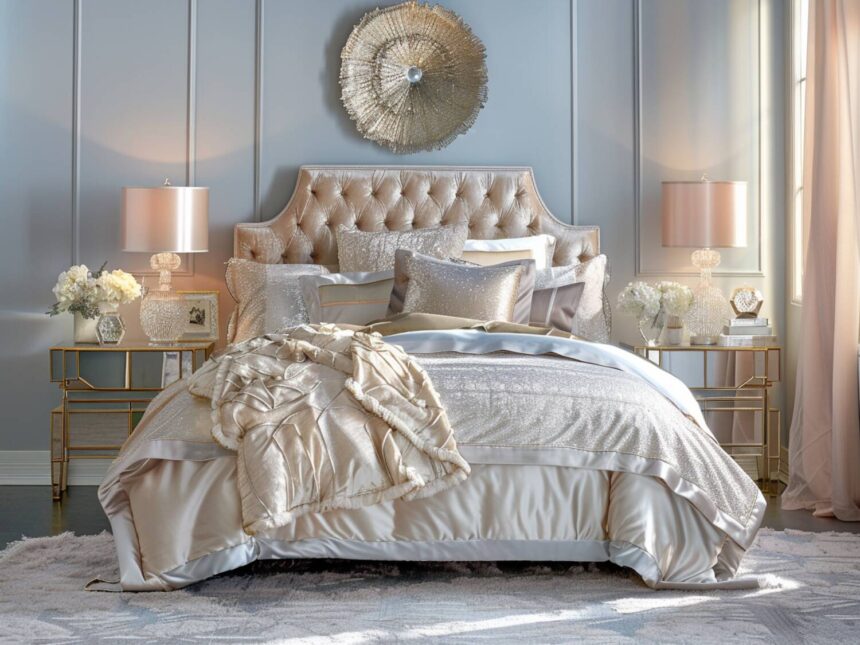 10 inspiracji na urządzenie sypialni w stylu glamour z metalowymi dodatkami