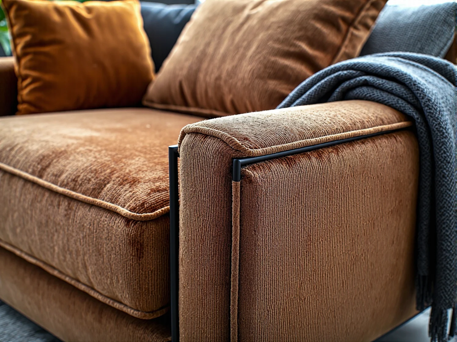 Kobieta używa aplikacji AR w smartfonie do wirtualnego ustawienia sofy w swoim salonie