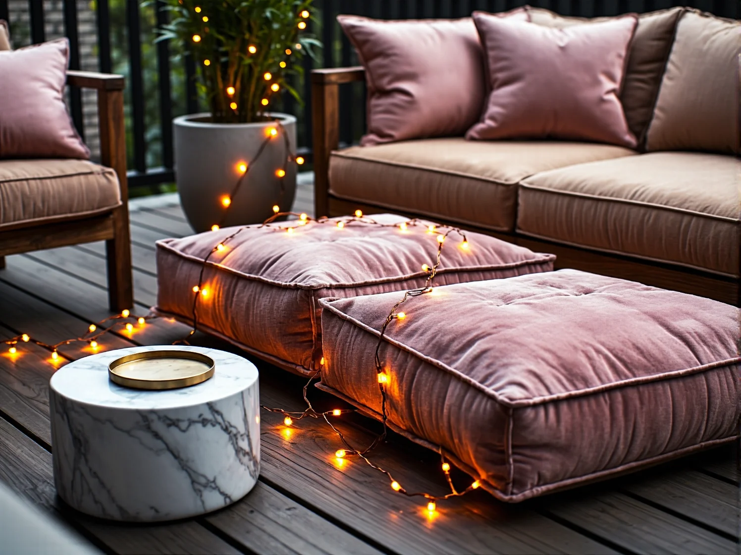 Wieczorna aranżacja balkonu glamour z nastrojowym oświetleniem i miedzianymi detalami.