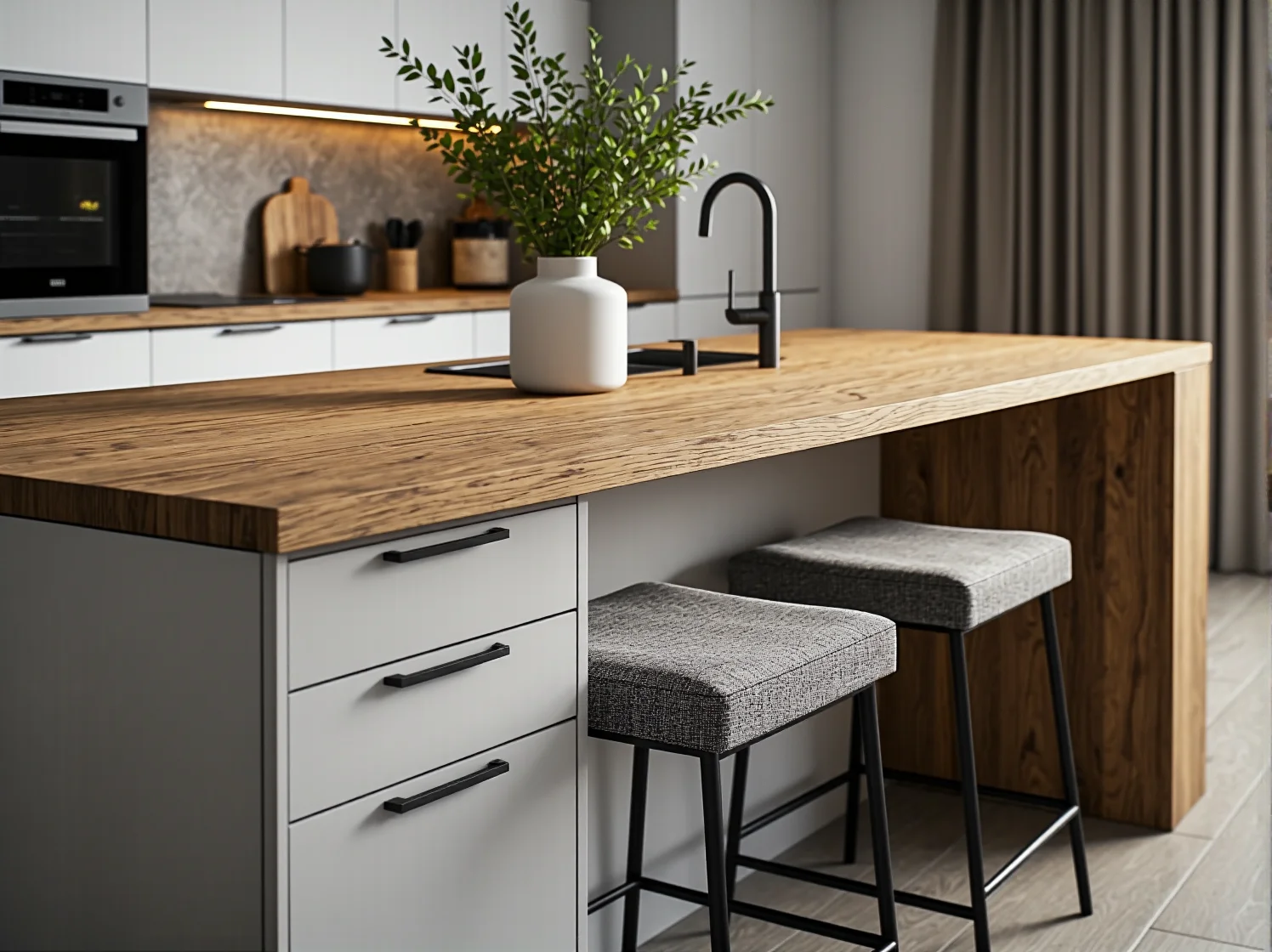 Aranżacja kuchni scandi modern: połączenie przytulnego drewna z surowym betonem.