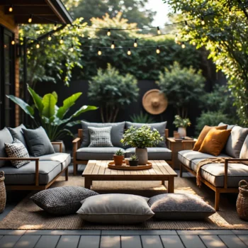 Zestaw mebli ogrodowych drewnianych z szarymi poduszkami