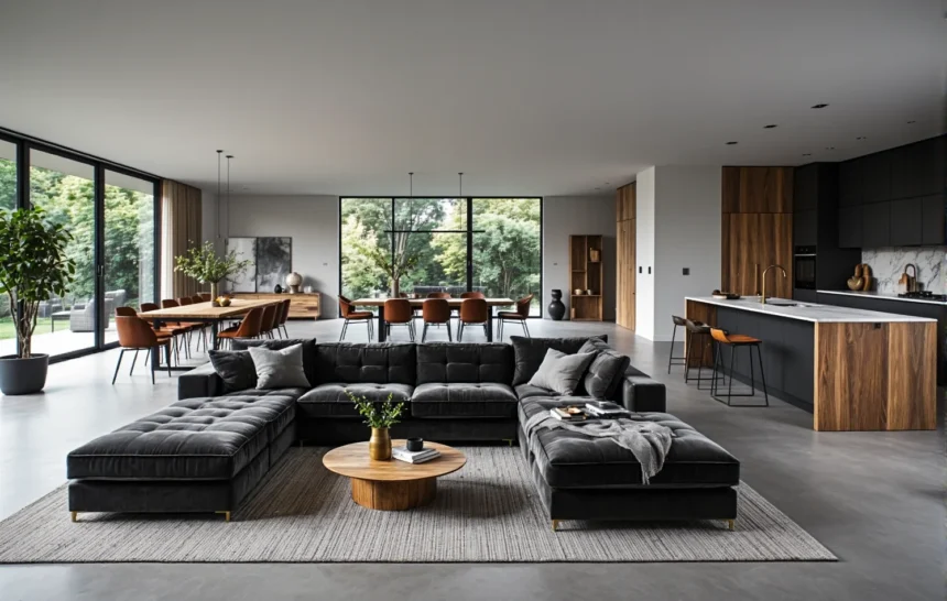 Narożna sofa modułowa antracytowa z pikowanymi siedziskami