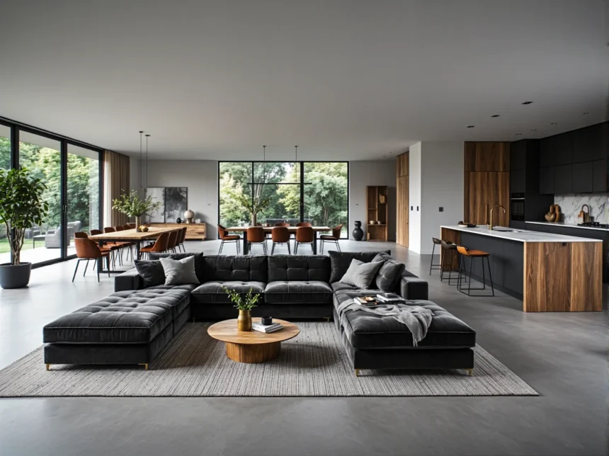 Narożna sofa modułowa antracytowa z pikowanymi siedziskami Narożna sofa modułowa antracytowa z pikowanymi siedziskami