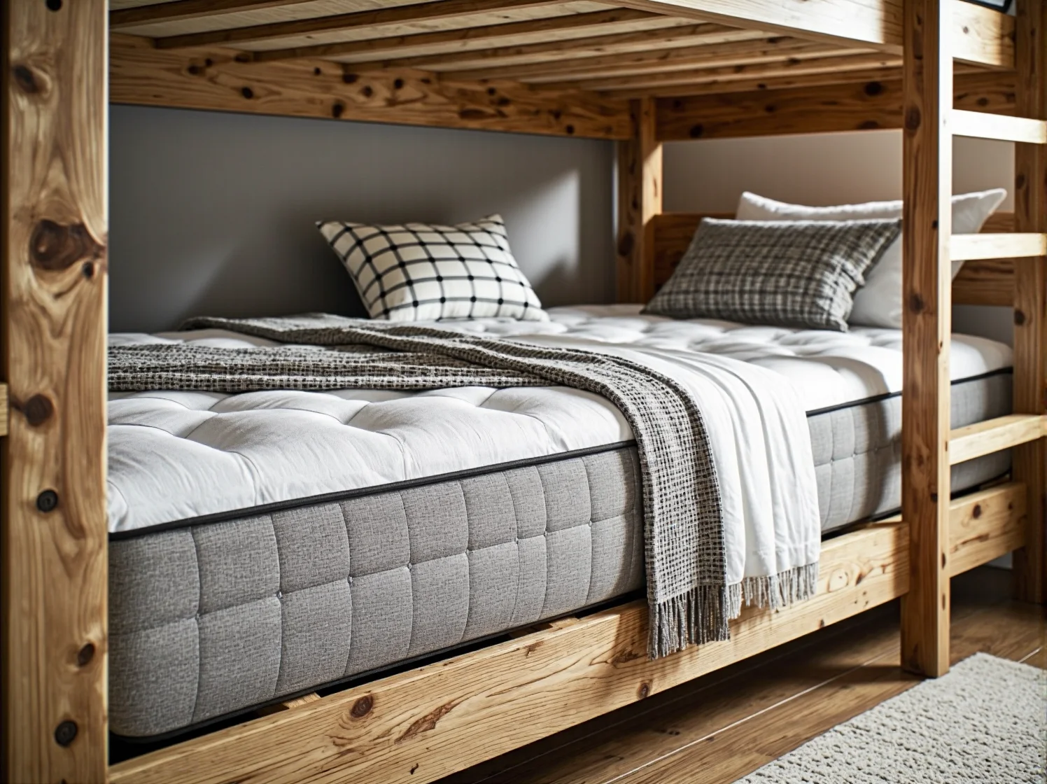 Przytulna aranżacja pokoju dla dwójki dzieci z solidnym łóżkiem piętrowym.