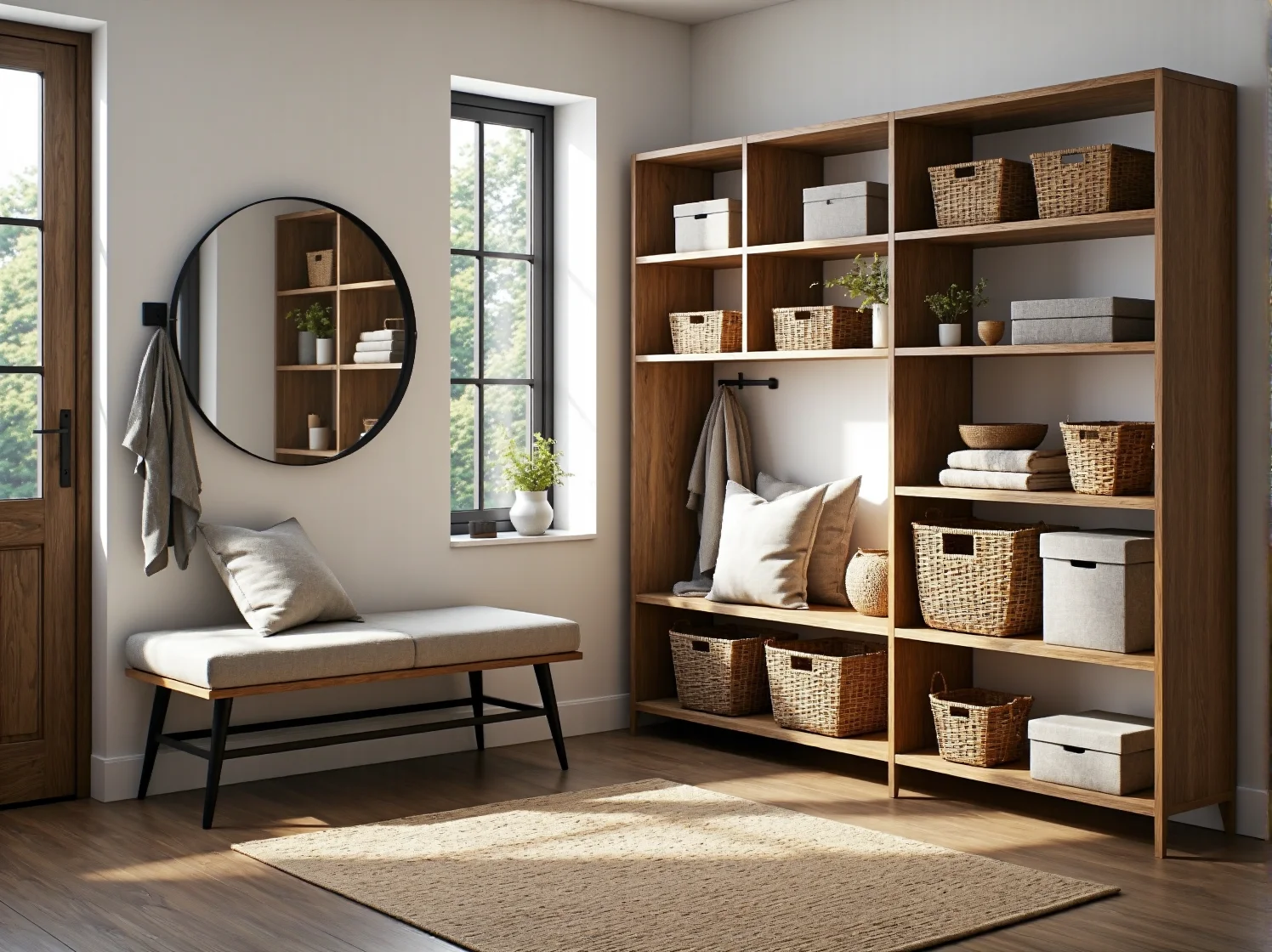 Minimalistyczna aranżacja przedpokoju z lustrem i prostym regałem w stylu scandi.
