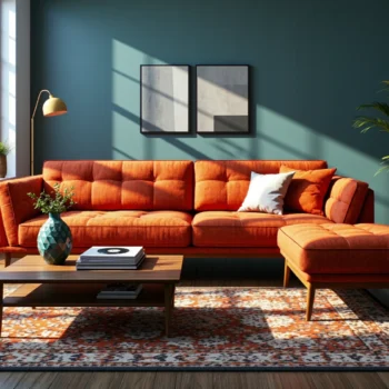Narożna sofa pomarańczowa w stylu retro na drewnianych nóżkach