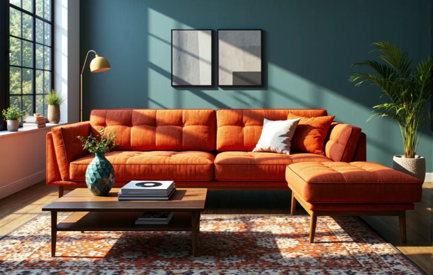 Narożna sofa pomarańczowa w stylu retro na drewnianych nóżkach