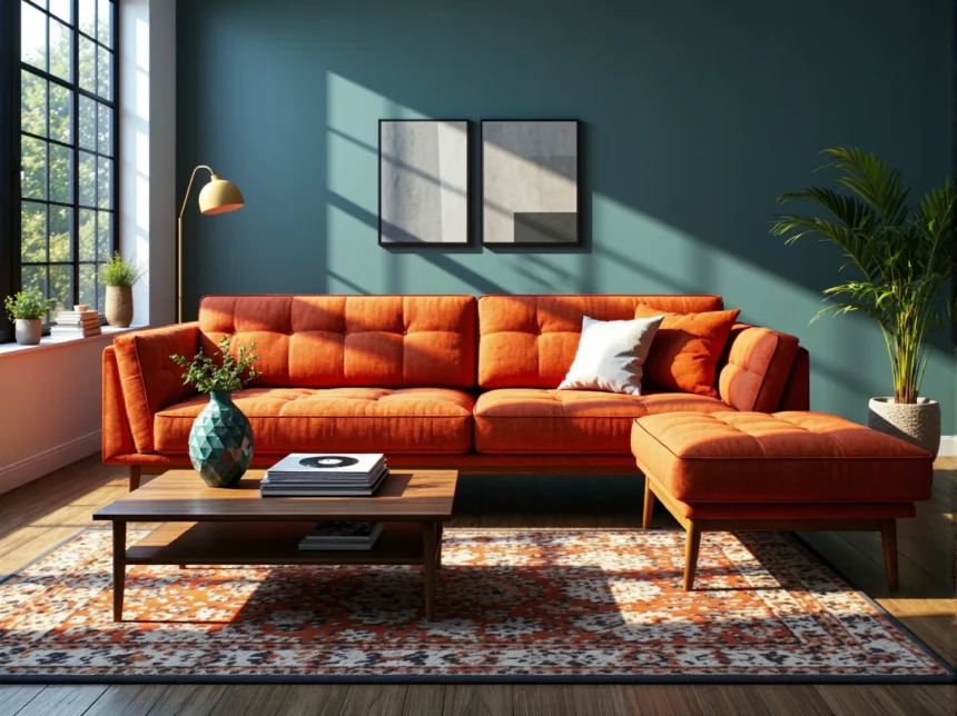 Narożna sofa pomarańczowa w stylu retro na drewnianych nóżkach