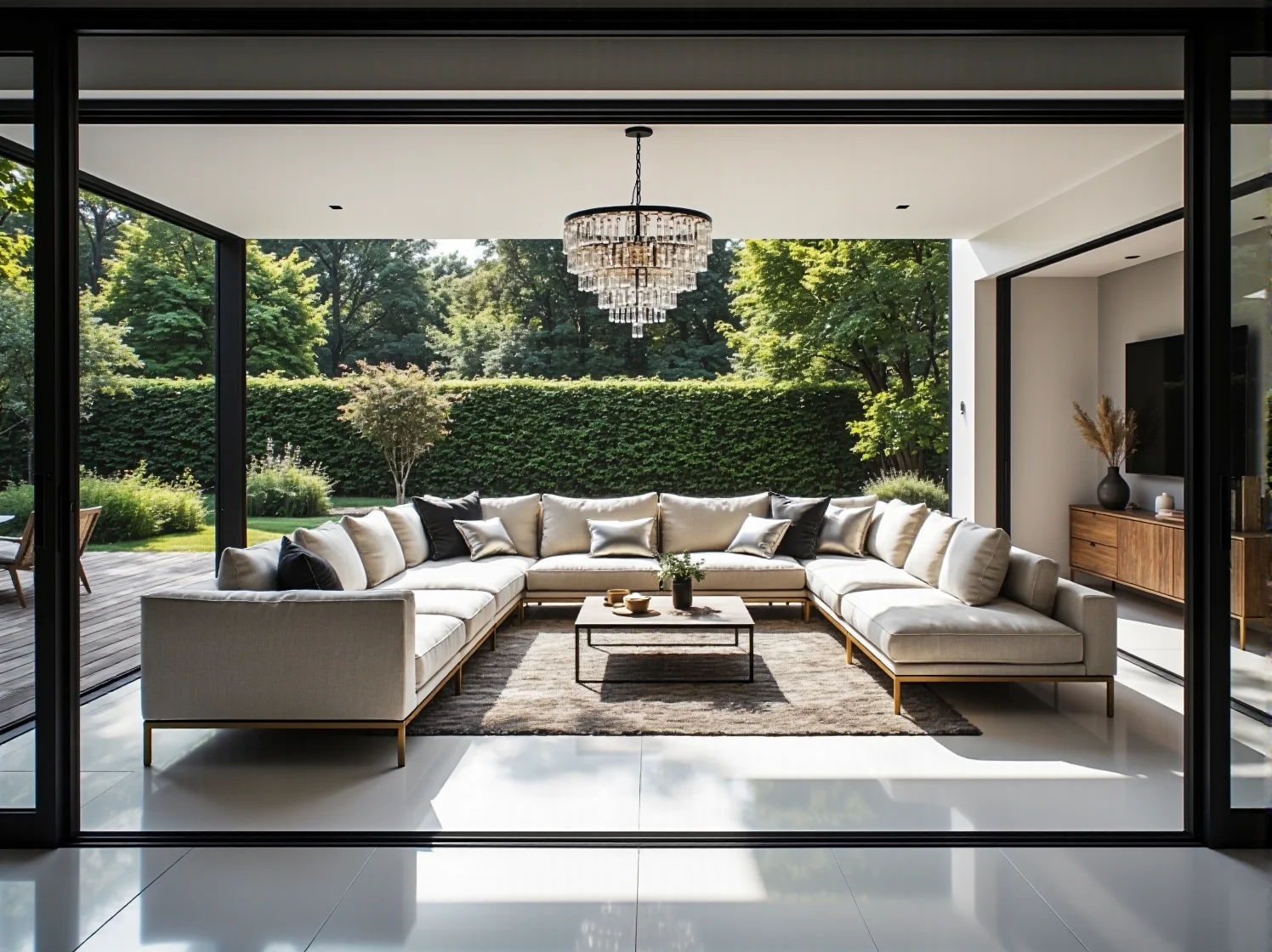 Aranżacja salonu glamour z narożnikiem nieblokującym przejścia na taras.