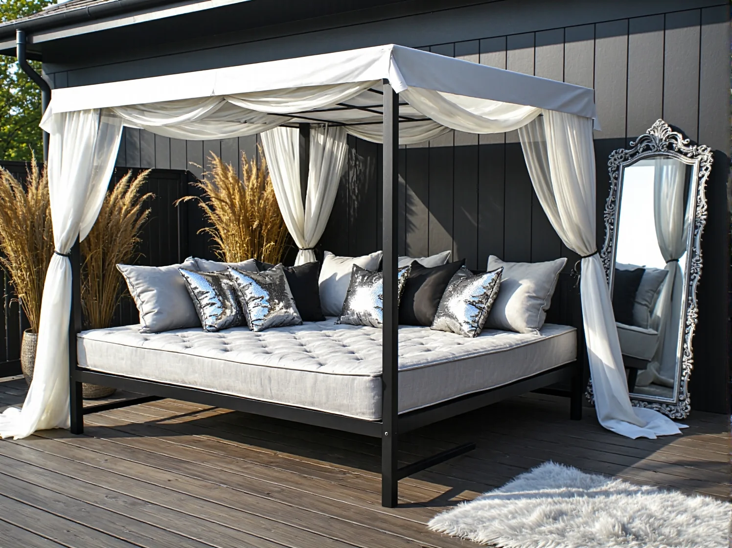 Nowoczesna aranżacja tarasu w stylu glamour z wygodnymi fotelami i lampionami.