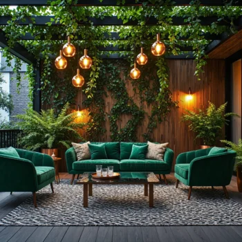 Zielony zestaw wypoczynkowy z aksamitną sofą i fotelami