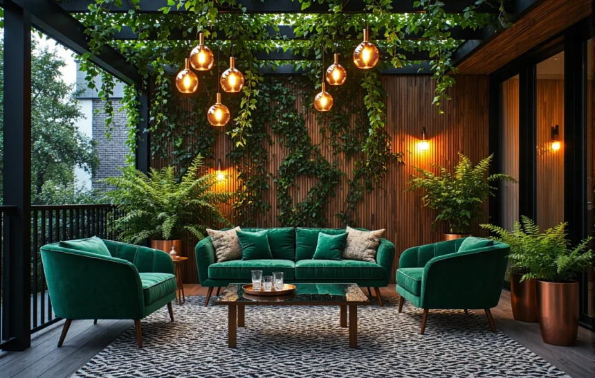 Zielony zestaw wypoczynkowy z aksamitną sofą i fotelami