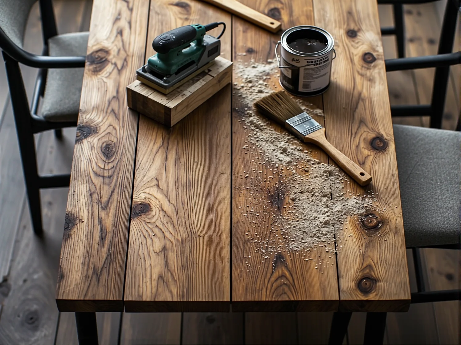 Bejcowanie blatu stołu jadalnianego na ciemny kolor w stylu loftowym