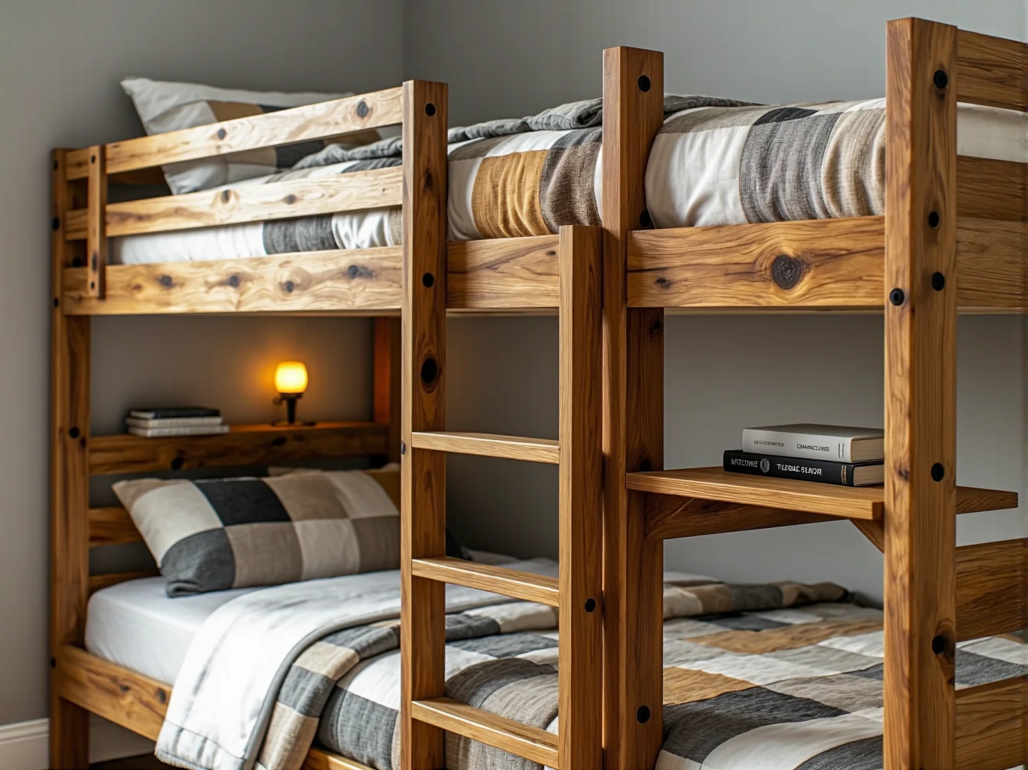 Bezpieczne łóżko piętrowe dla rodzeństwa wykonane z naturalnego drewna sosnowego.