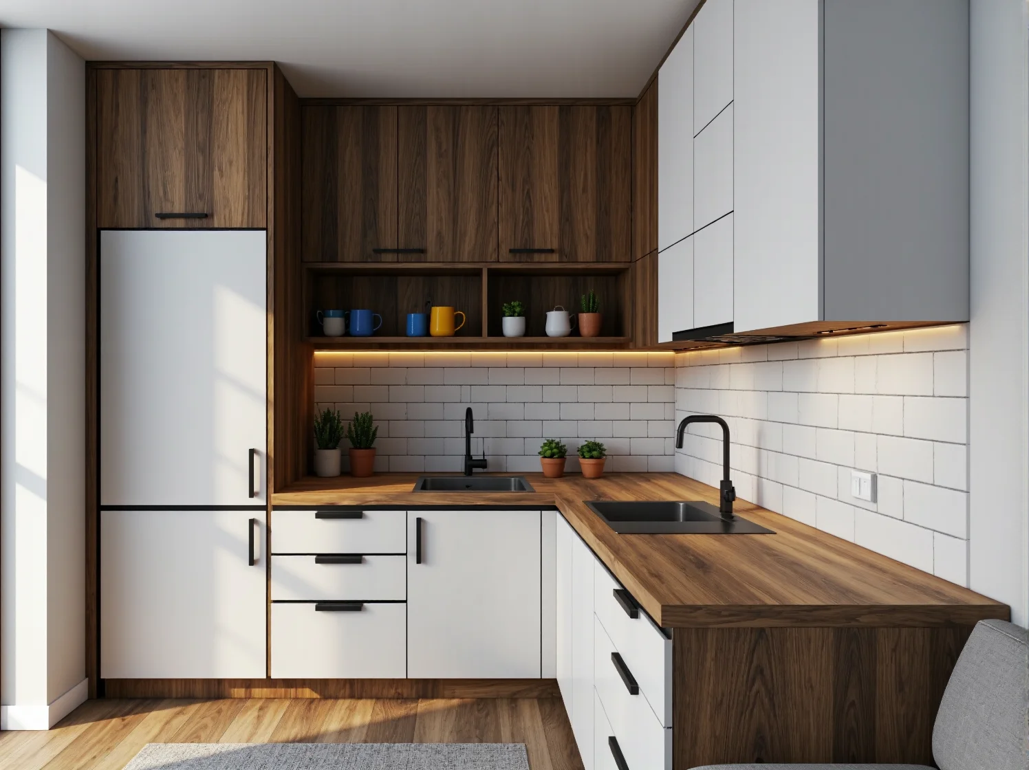 Biała kuchnia modułowa w kształcie litery L – inspiracja do małego mieszkania