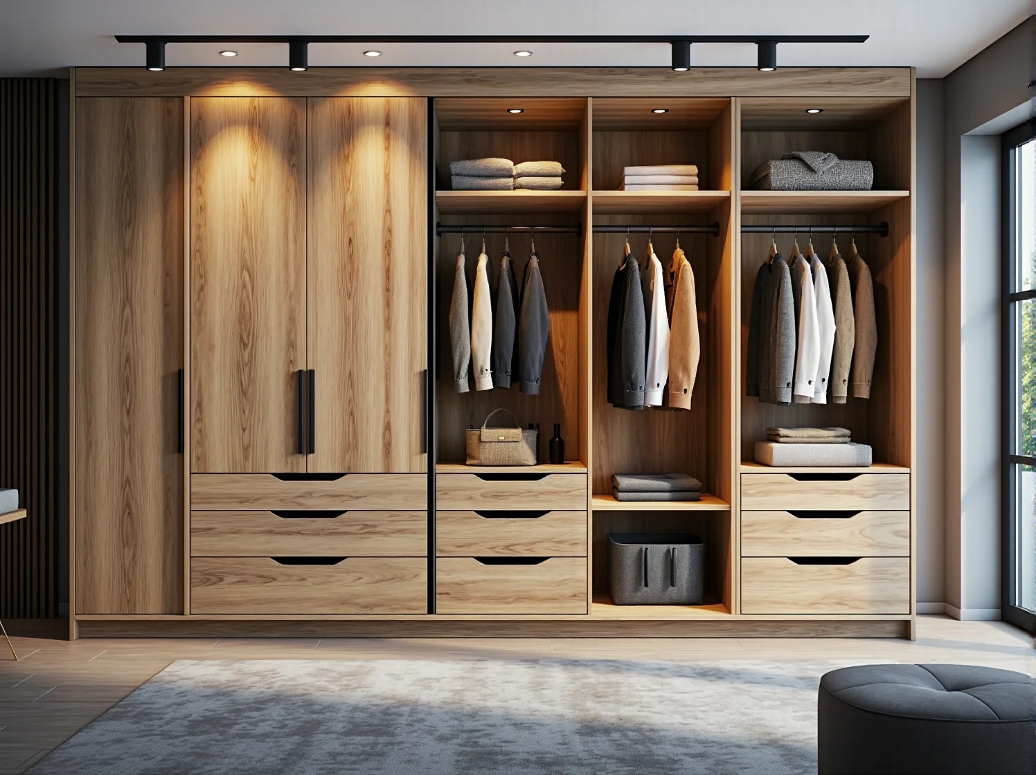 Minimalistyczna szafa biała z drewnianymi lamelami, idealna do małego salonu lub przedpokoju.