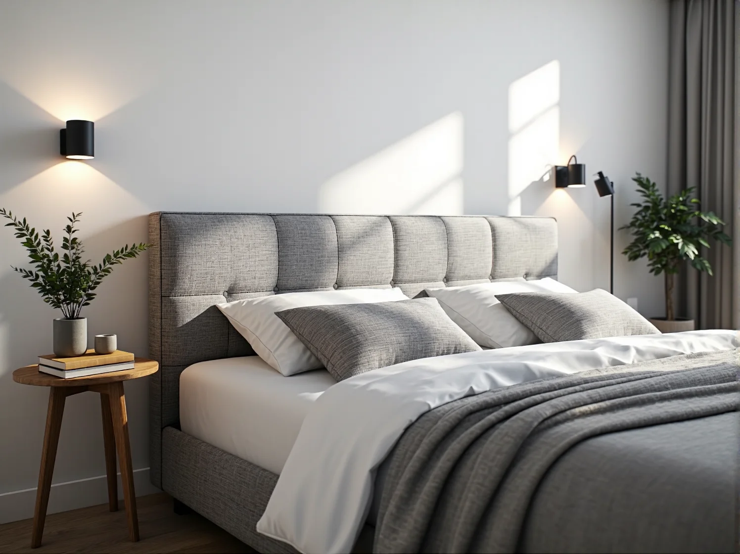 Nowoczesne łóżko tapicerowane szare z funkcją spania i pojemnikiem