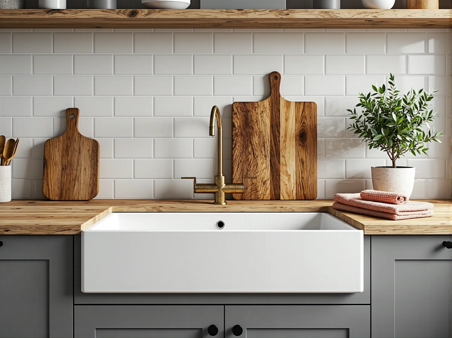 Białe szafki kuchenne w stylu wiejskim z naturalnym drewnianym blatem i jasnymi dodatkami.