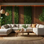 Narożnik tapicerowany beżowy na drewnianych nogach z poduszkami