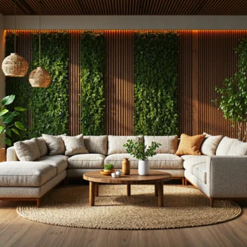 Narożnik tapicerowany beżowy na drewnianych nogach z poduszkami