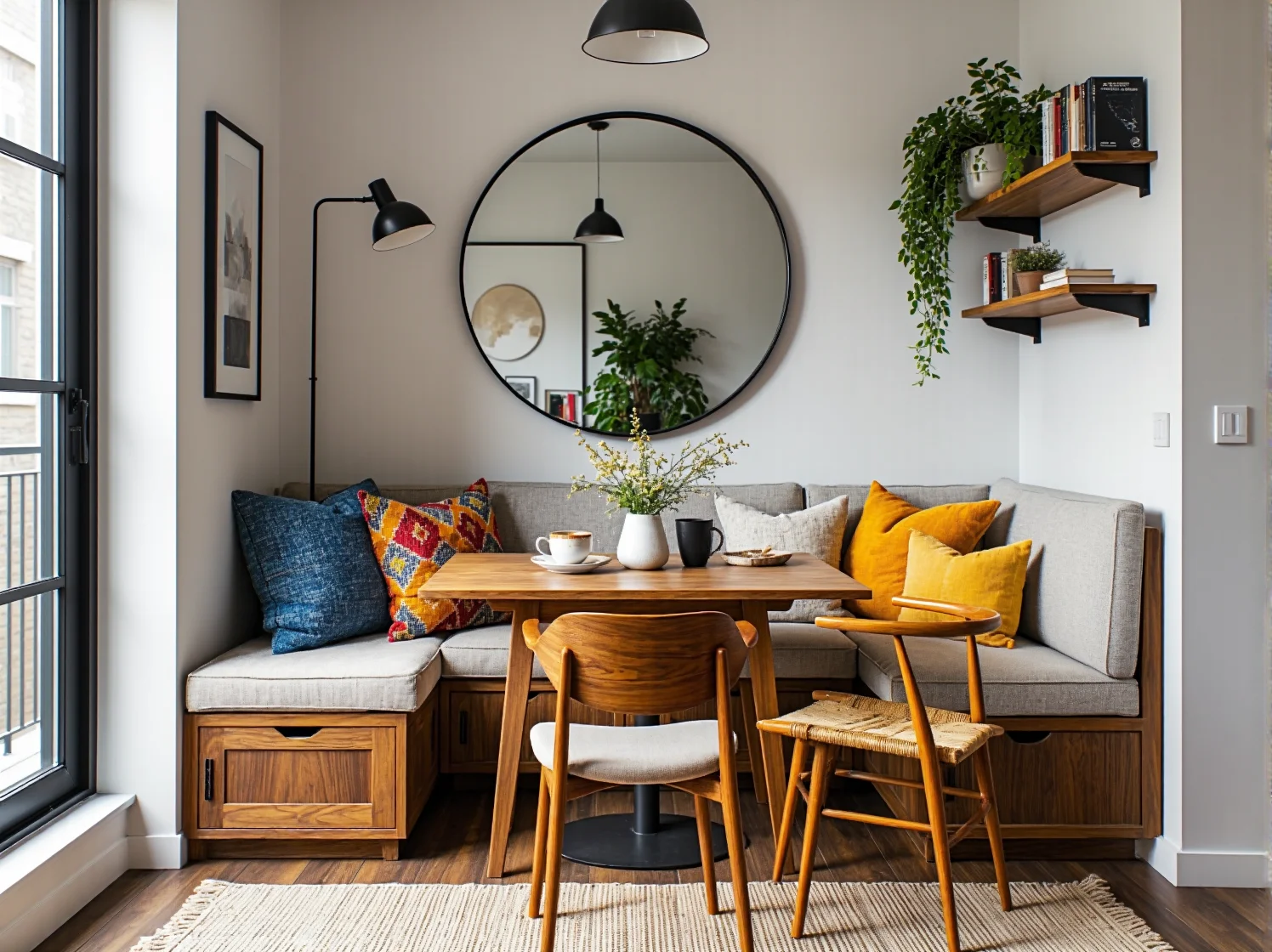 Wysoki blat i hoker jako jadalnia w aneksie kuchennym małej kawalerki.