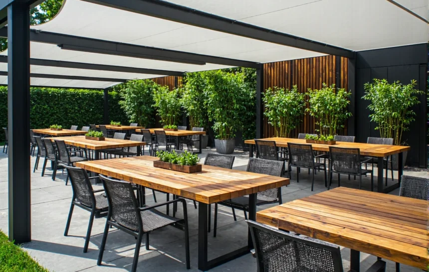 Drewniane stoły ogrodowe z metalowymi nogami i czarnymi krzesłami