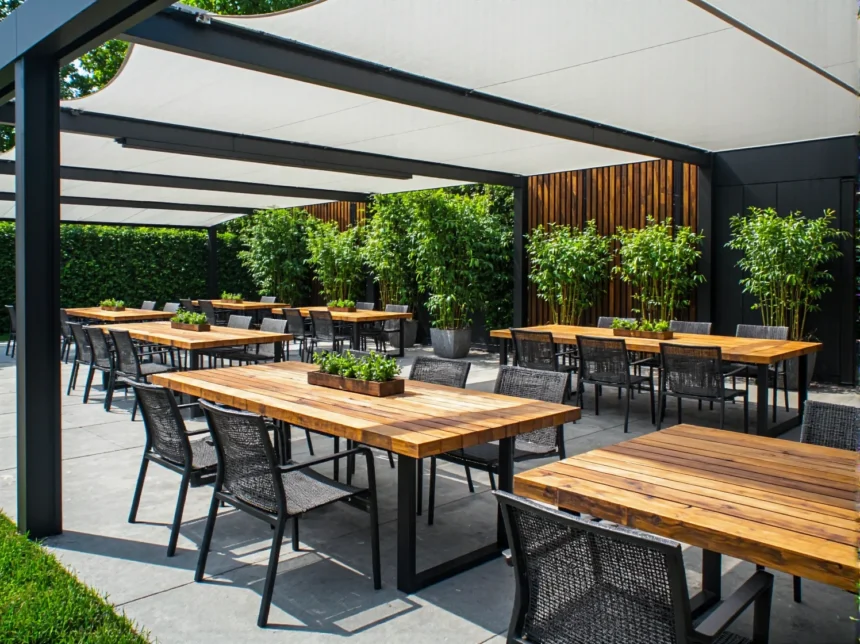 Drewniane stoły ogrodowe z metalowymi nogami i czarnymi krzesłami Drewniane stoły ogrodowe z metalowymi nogami i czarnymi krzesłami