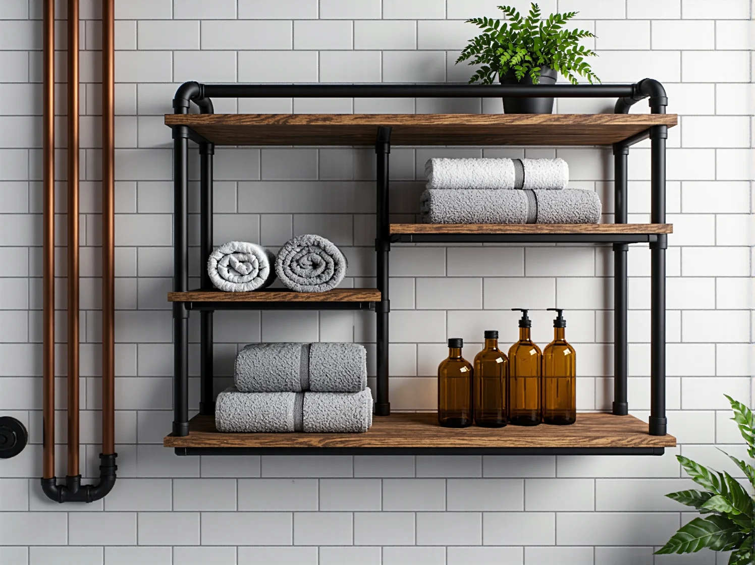 Czarna bateria umywalkowa i szklane drzwi prysznicowe w nowoczesnej aranżacji małej łazienki loft.