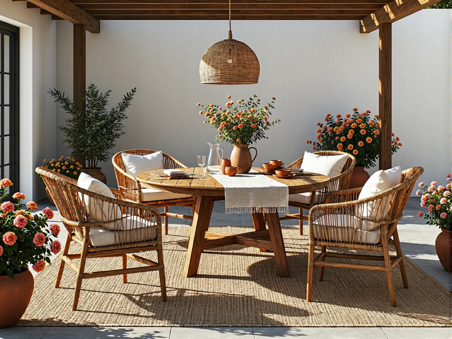 Dekoracje boho na balkon: wzorzyste dywany, lampiony i miękkie poduszki z frędzlami.