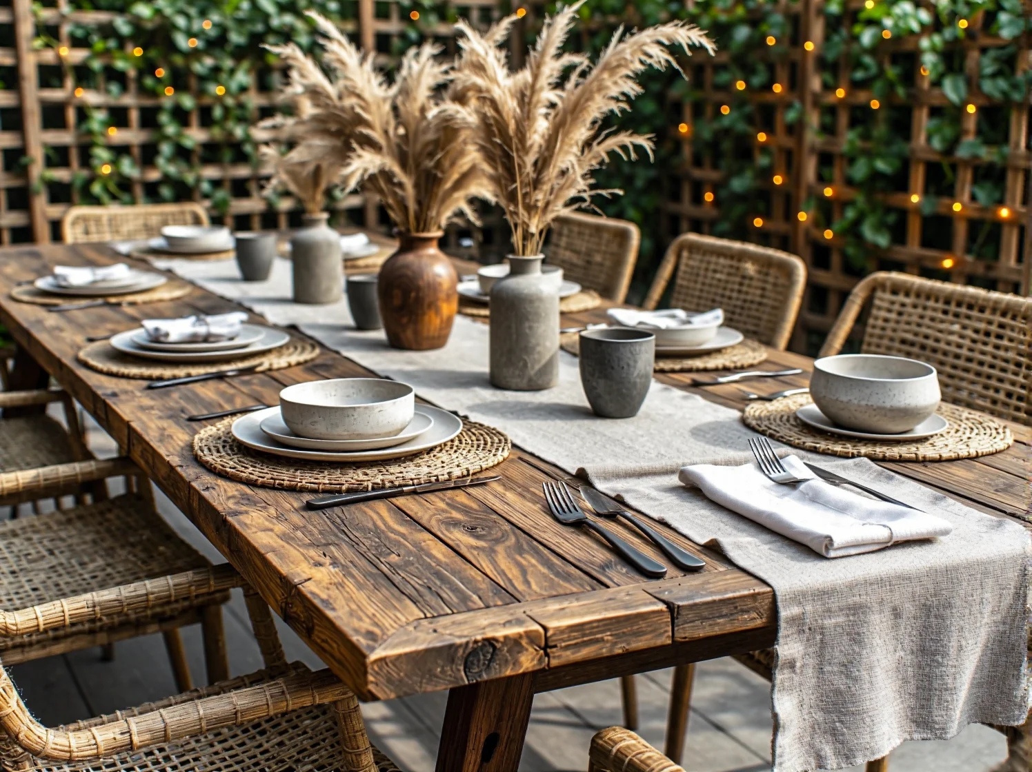 Detale w ogrodzie boho: drewniane donice, dywaniki i girlandy świetlne