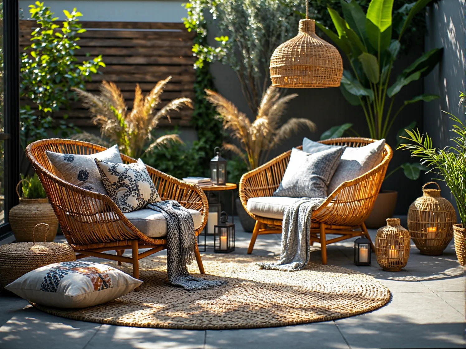 Niski stolik kawowy na tarasie udekorowany egzotycznymi roślinami i ceramicznymi donicami.