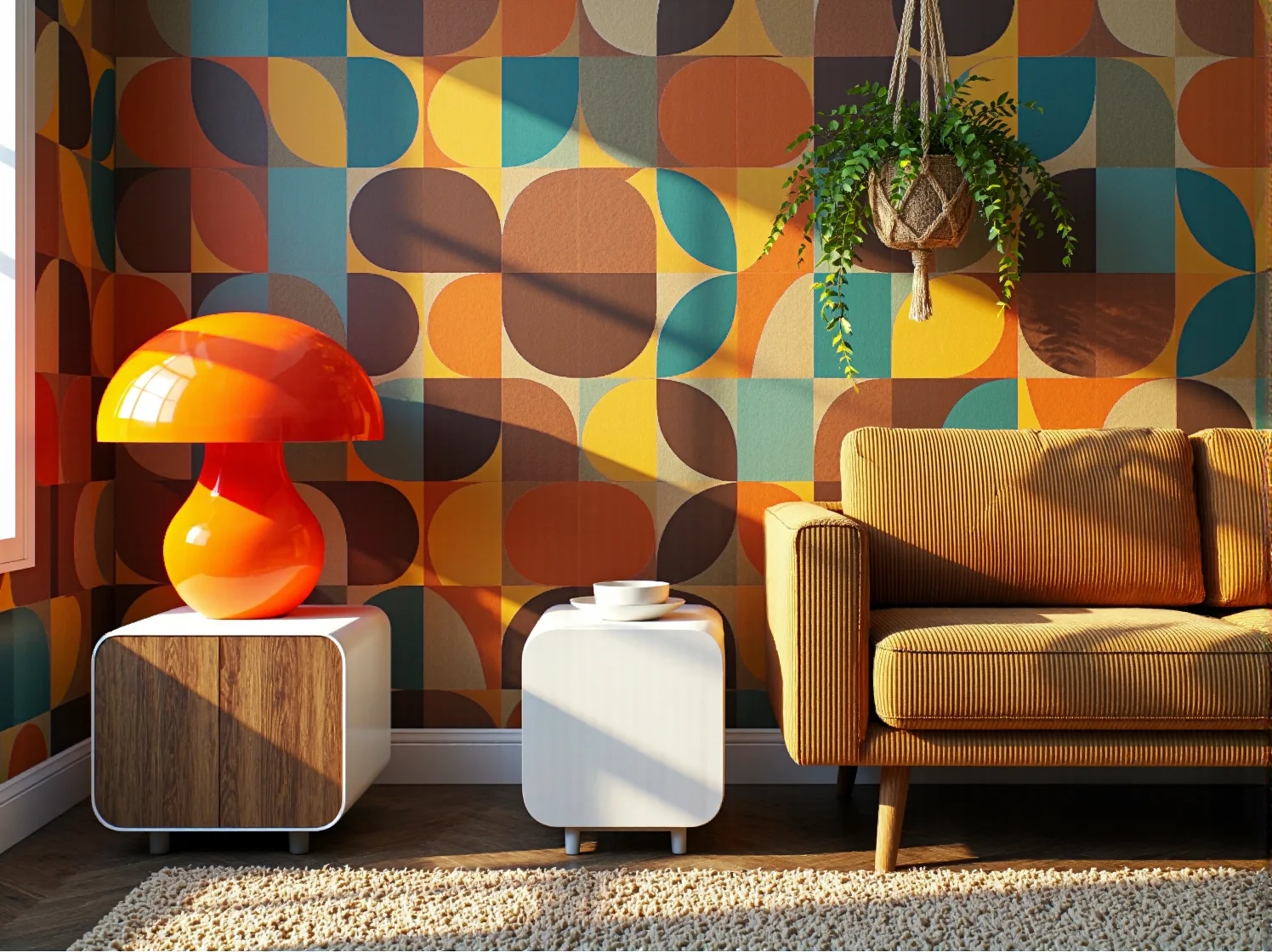 Kolorowa lampa stołowa w stylu lat 70. o geometrycznym kształcie