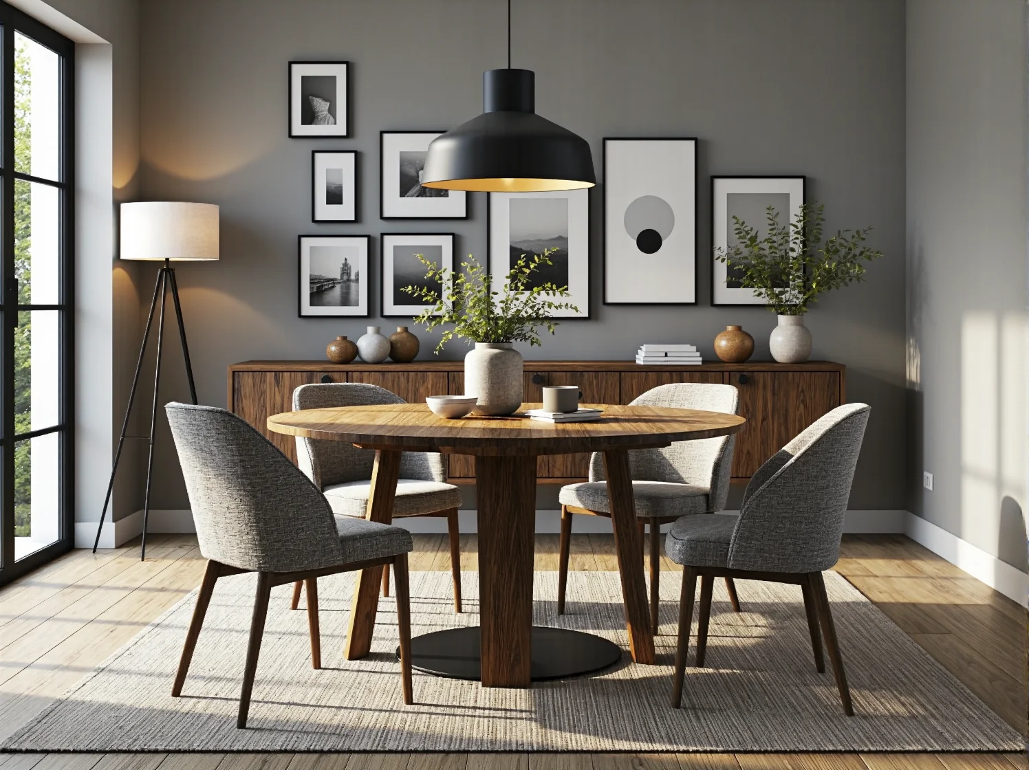 Designerska lampa stojąca w rogu jadalni tworząca przytulny nastrój wieczorem