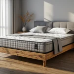 Materac sprężynowy pikowany szary na dębowym łóżku z tapicerowanym zagłówkiem