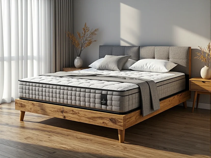 Materac sprężynowy pikowany szary na dębowym łóżku z tapicerowanym zagłówkiem