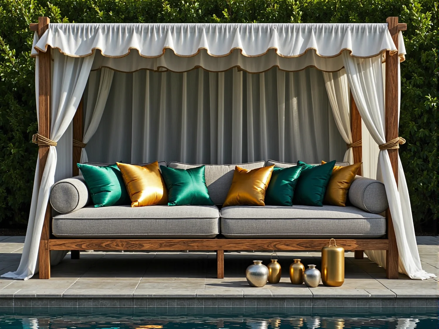 Stylowe oświetlenie i błyszczące dodatki glamour w ogrodzie, srebrne lampiony i donice przy sofie