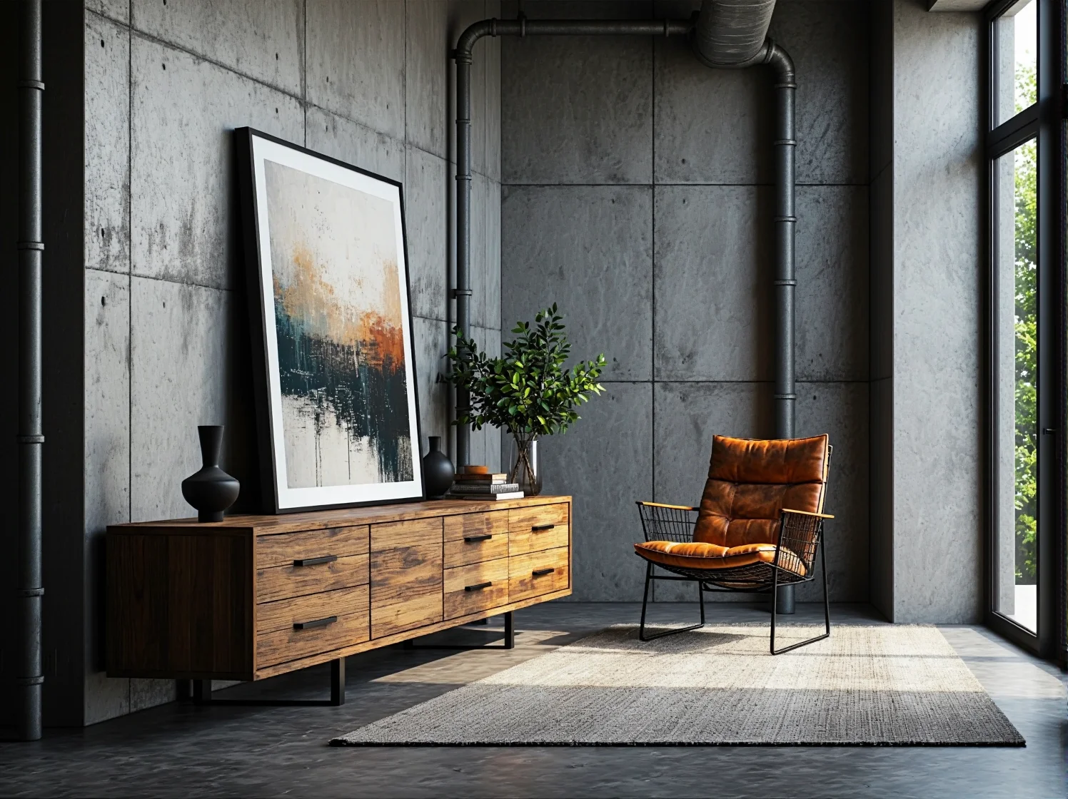 Przytulne dodatki w stylu loft – miękkie tekstylia i szare zasłony ocieplające surowe wnętrze