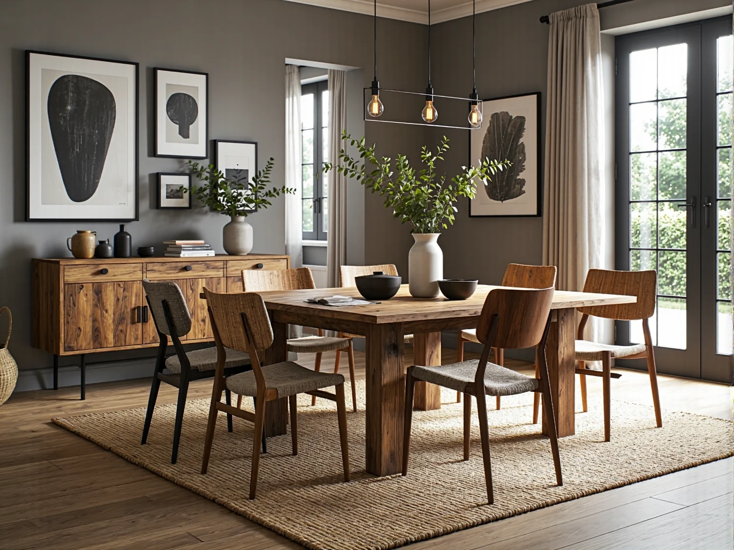 Rustykalny stół jadalniany z drewna z kompletem krzeseł