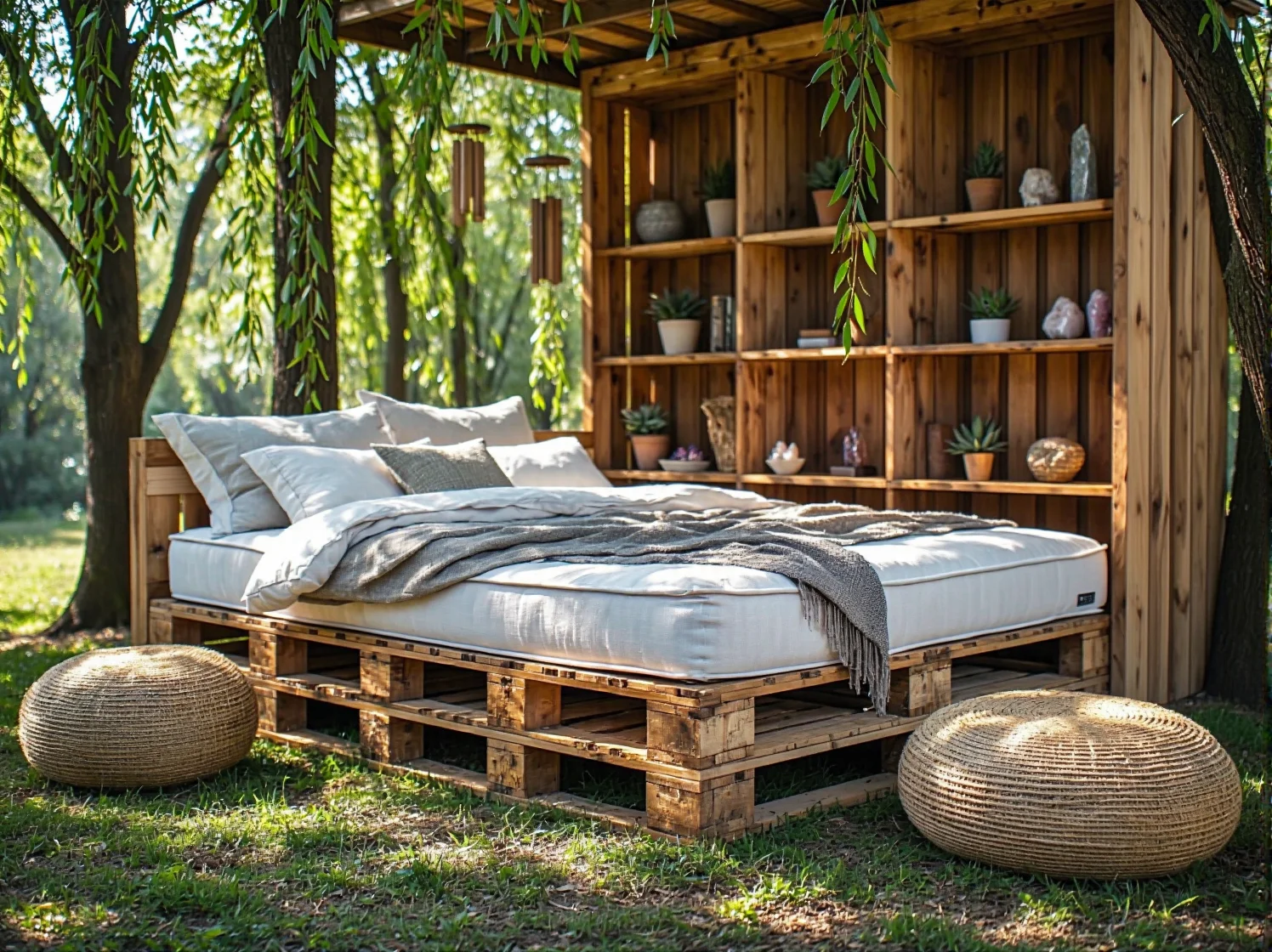 Drewniana pergola w ogrodzie z pnączami i wiszącym fotelem boho