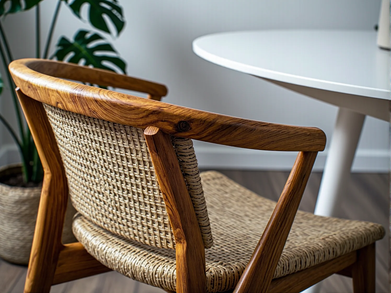 Drewniane krzesło skandynawskie z szarą tapicerką detal