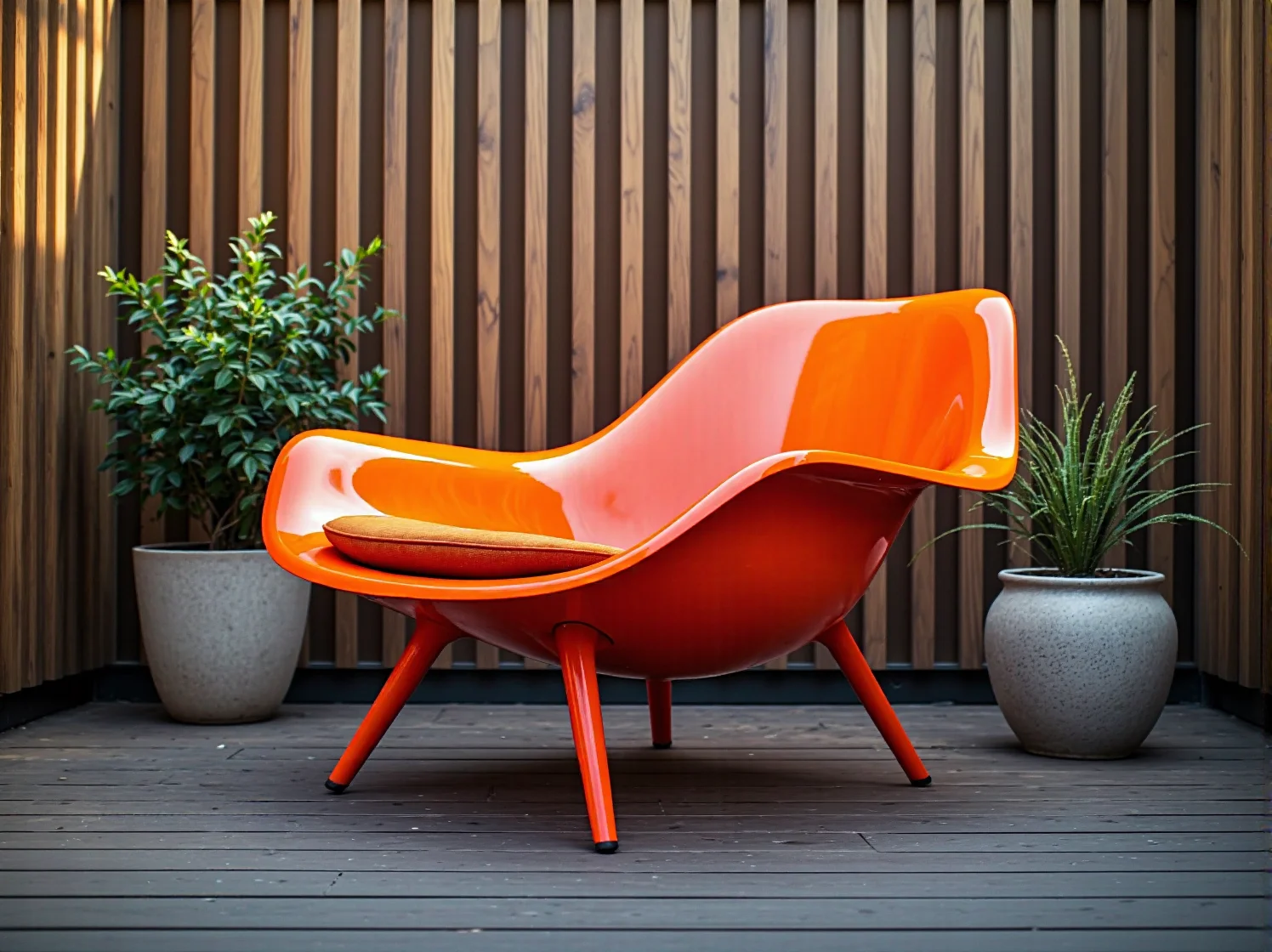 Drewniany fotel bujany w stylu retro w otoczeniu bujnej zieleni