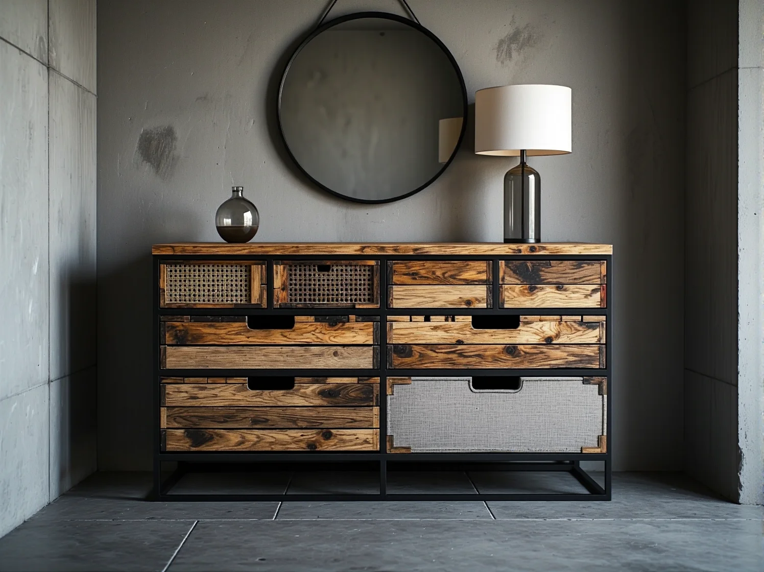 Ekologiczna komoda vintage z kolorowych desek w aranżacji sypialni