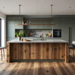 Nowoczesne meble kuchenne oliwkowe z wyspą z drewna z recyklingu