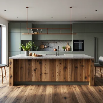 Nowoczesne meble kuchenne oliwkowe z wyspą z drewna z recyklingu