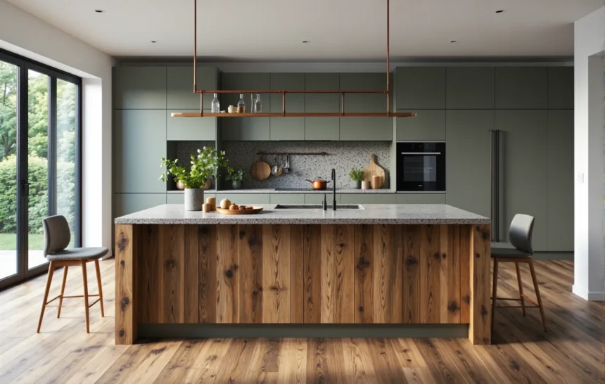 Nowoczesne meble kuchenne oliwkowe z wyspą z drewna z recyklingu