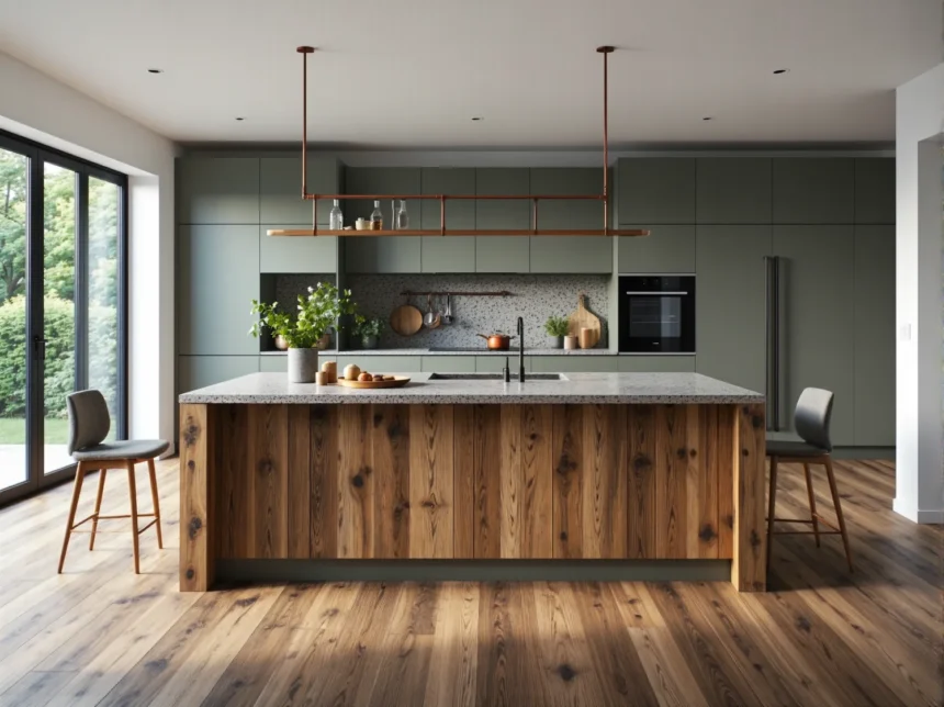 Nowoczesne meble kuchenne oliwkowe z wyspą z drewna z recyklingu Nowoczesne meble kuchenne oliwkowe z wyspą z drewna z recyklingu