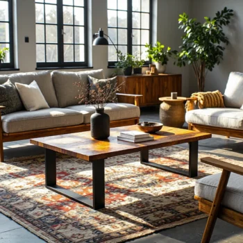 Stolik kawowy z drewna z odzysku na metalowych nogach